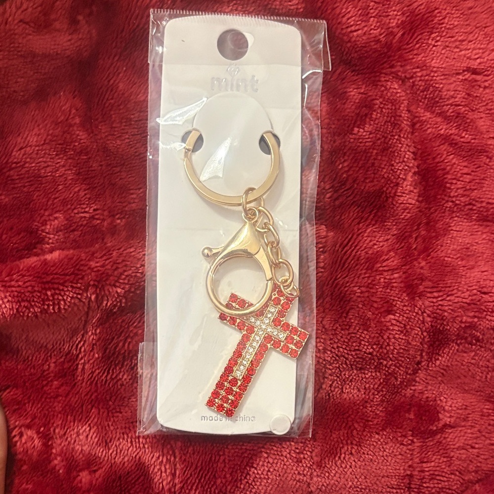 Mint Gold Keychain with Red Rhinestone Cross Charm